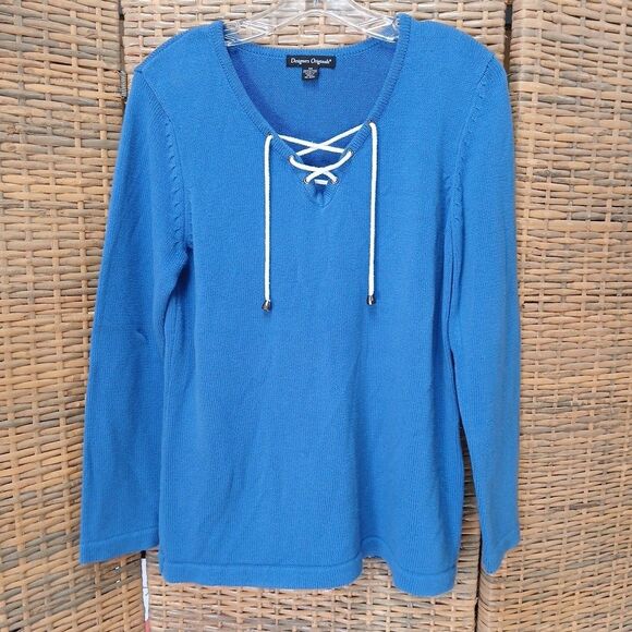 Designers Originals Sweater Medium Blue Drawstring V Neck Long Sleeve Cozy Comfy - Picture 2 of 9